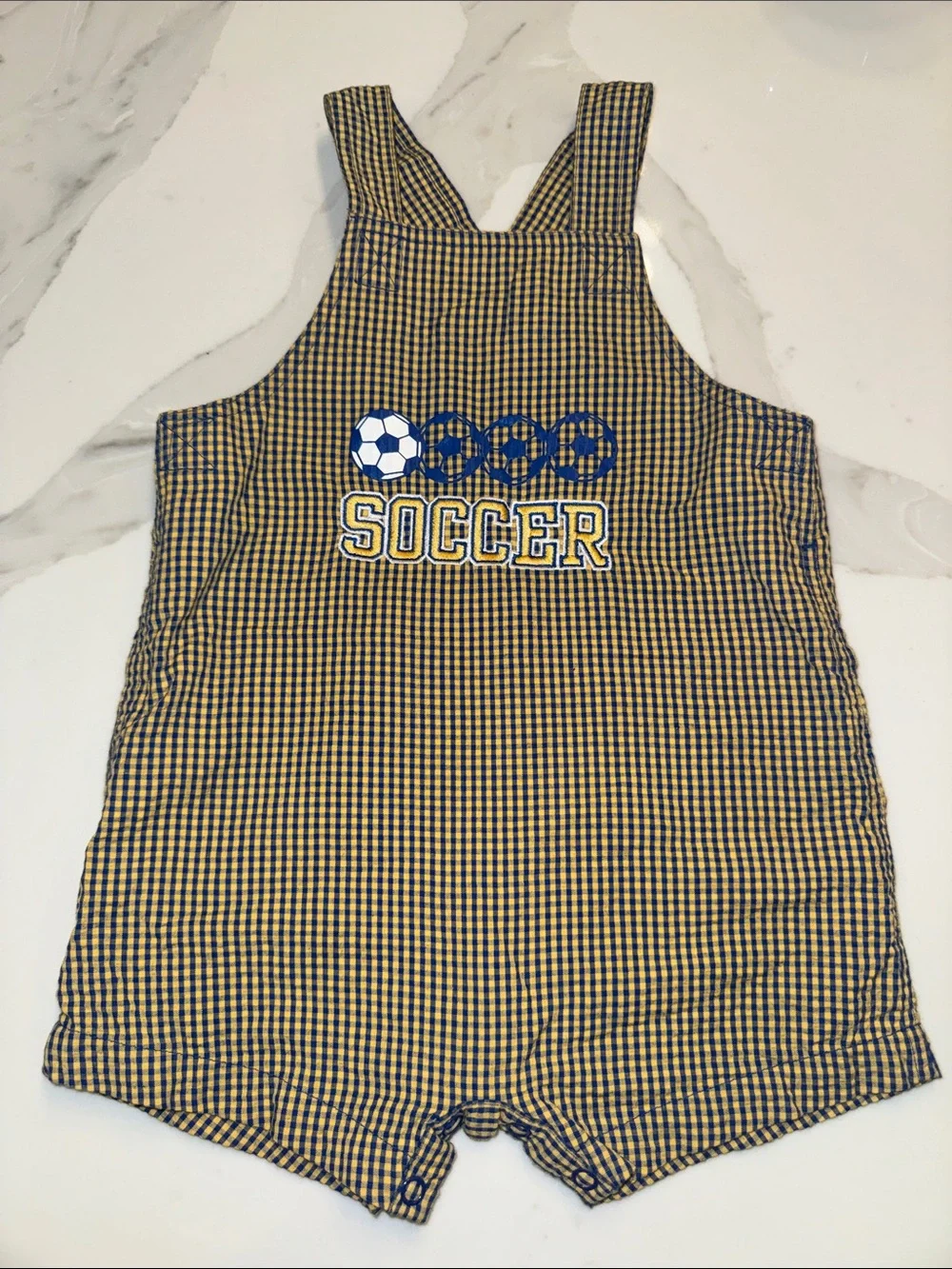 Vintage OkieDokie Soccer Gingham Tank Romper Overalls- Yellow & Navy 24 Months